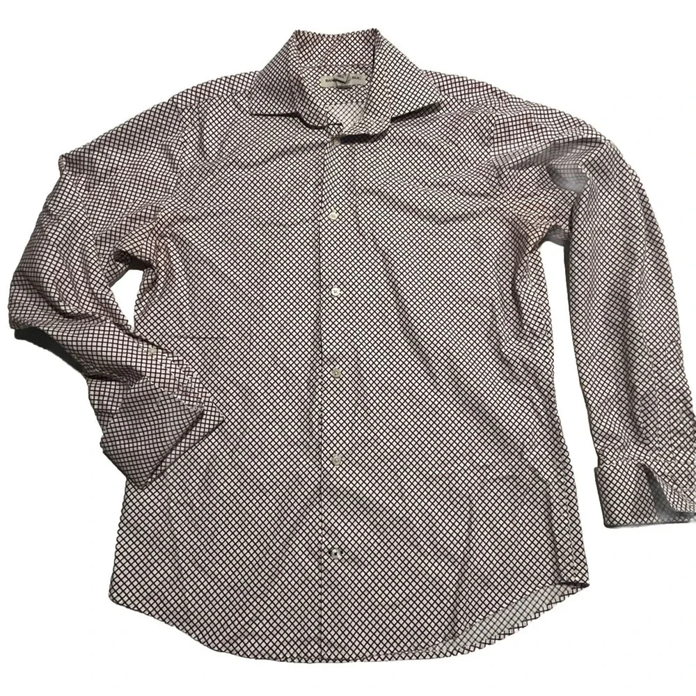 Banana Republic‎ Shirt Mens Large Brown White Check French Cuff D15